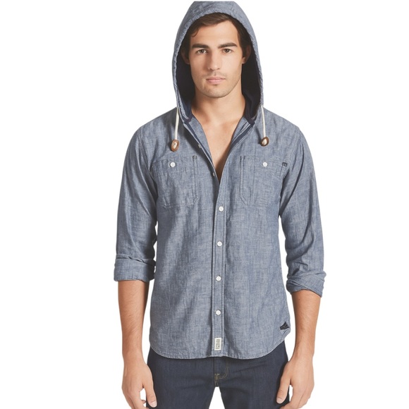 Buffalo David Bitton Shirt Jacket Chambray Navy Hooded Shirt Lightweight Jacket - Picture 1 of 8